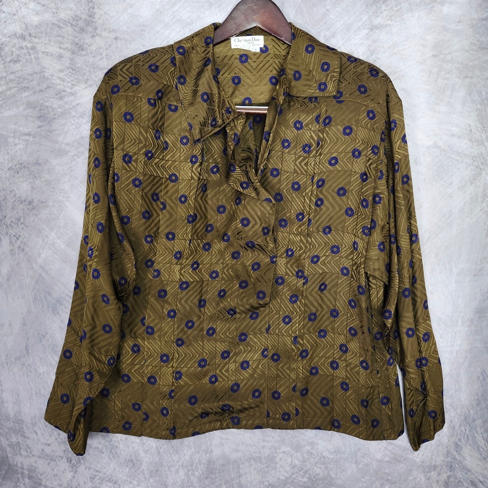 Vintage 80s Christian Dior 100% Silk Blouse, Olive Green Geometric Dolman Size M